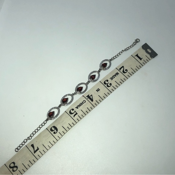 Vtg Sterling & Garnet Hammered Oval Link Bracelet Adjustable 6” - 7.5” - Picture 7 of 7
